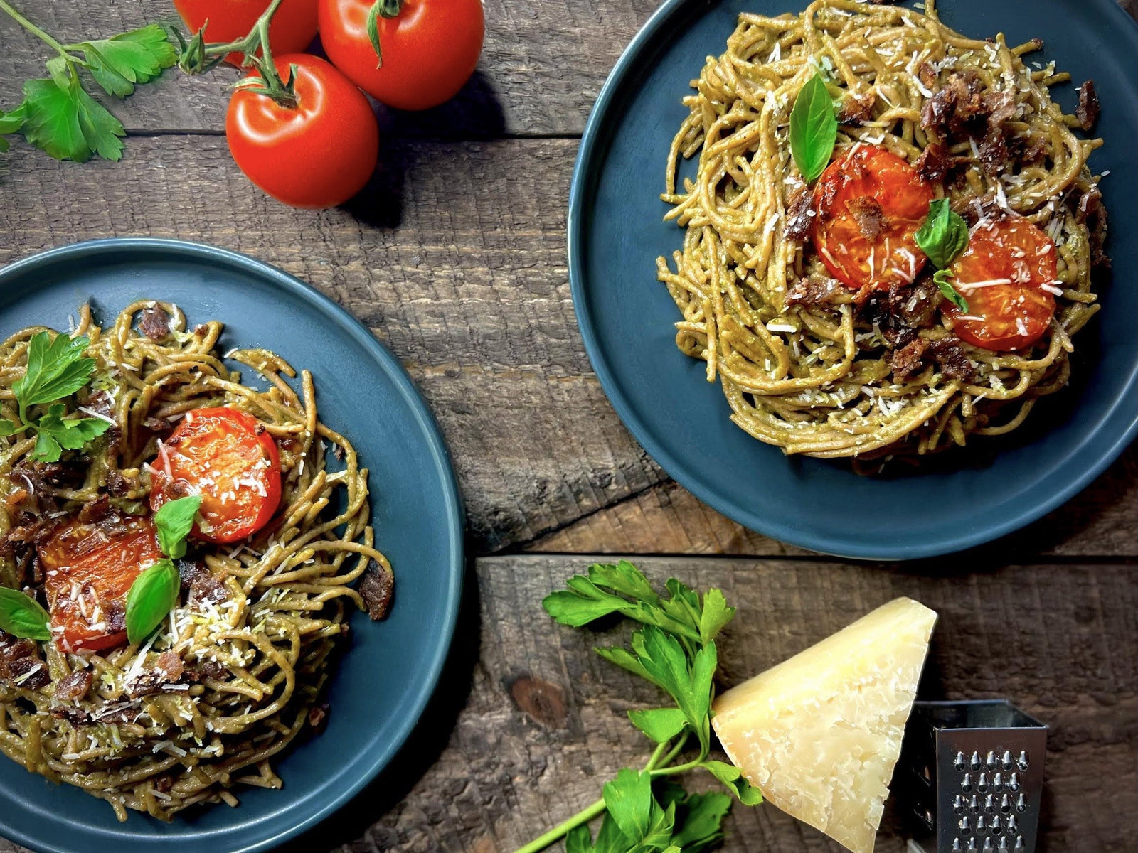Einkorn Spaghetti with Walnut Basil Pesto