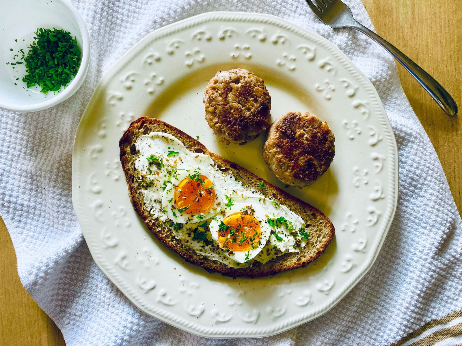 Homemade Sausage Patties & Jammy Eggs