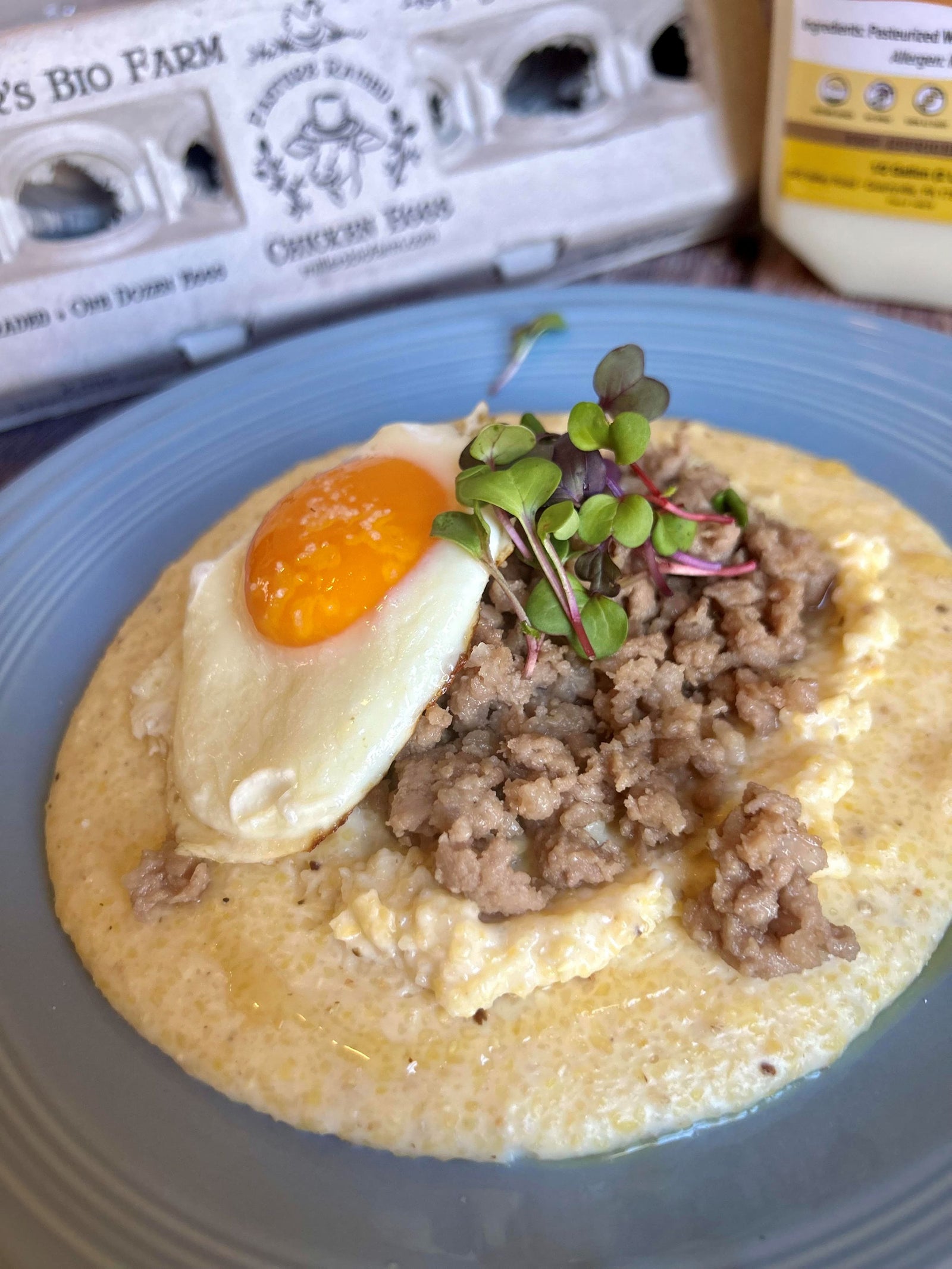 Maple Ground Pork & Cheesy Grits