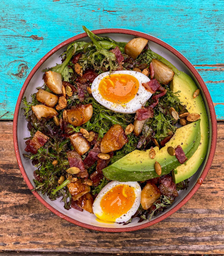 Mustard Greens Breakfast Salad with Maple Glazed Turnips & Bacon