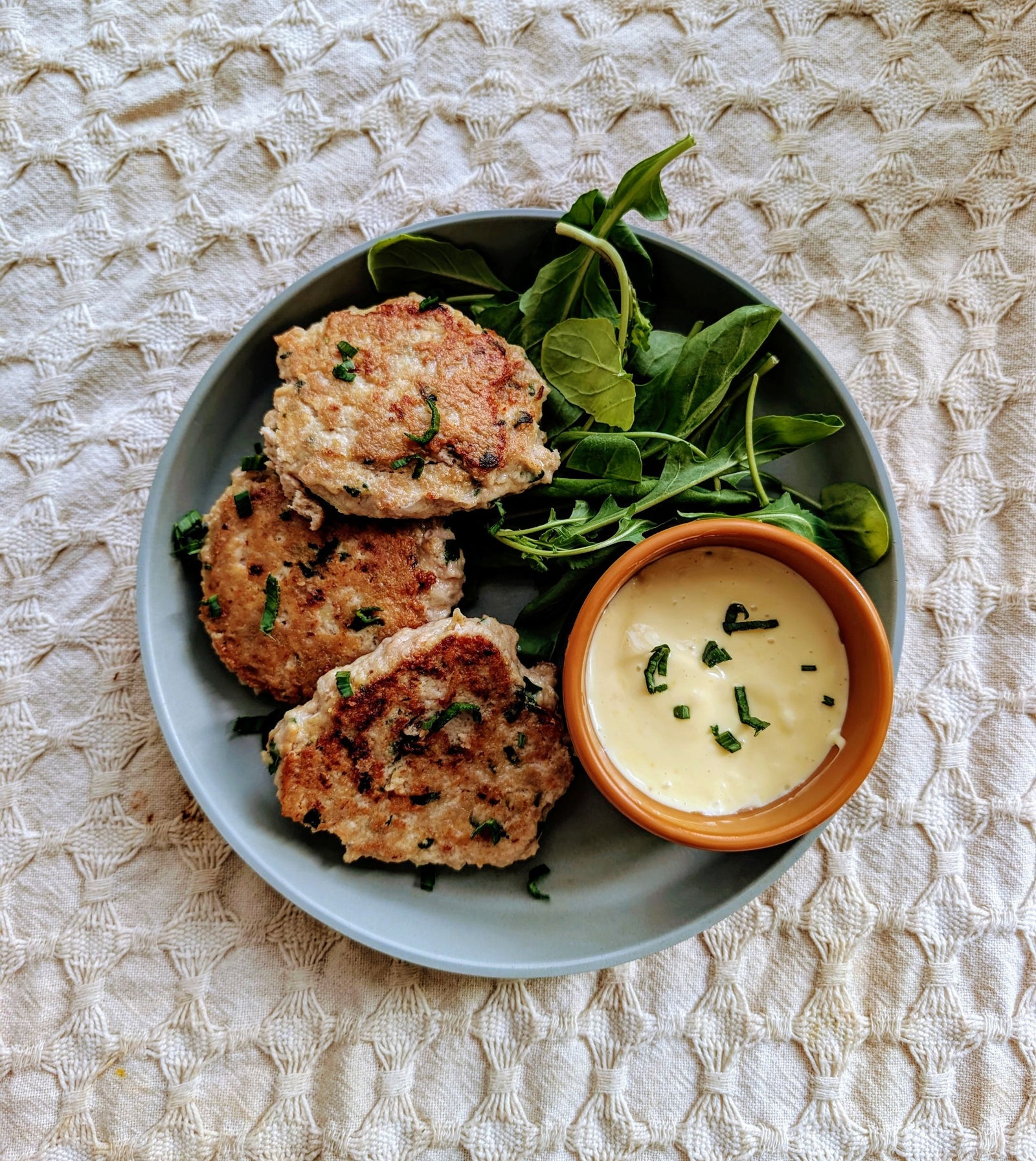 Spinach & Green Garlic Chicken Patties with Garlicky Mayo